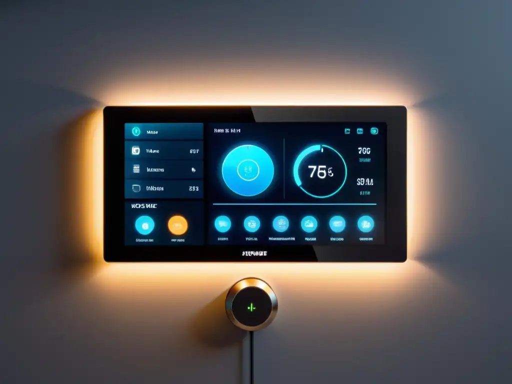 Panel de control de hogar inteligente: Futurista y elegante Panel de control de hogar inteligente con pantalla táctil futurista y elegante iluminación ambiental