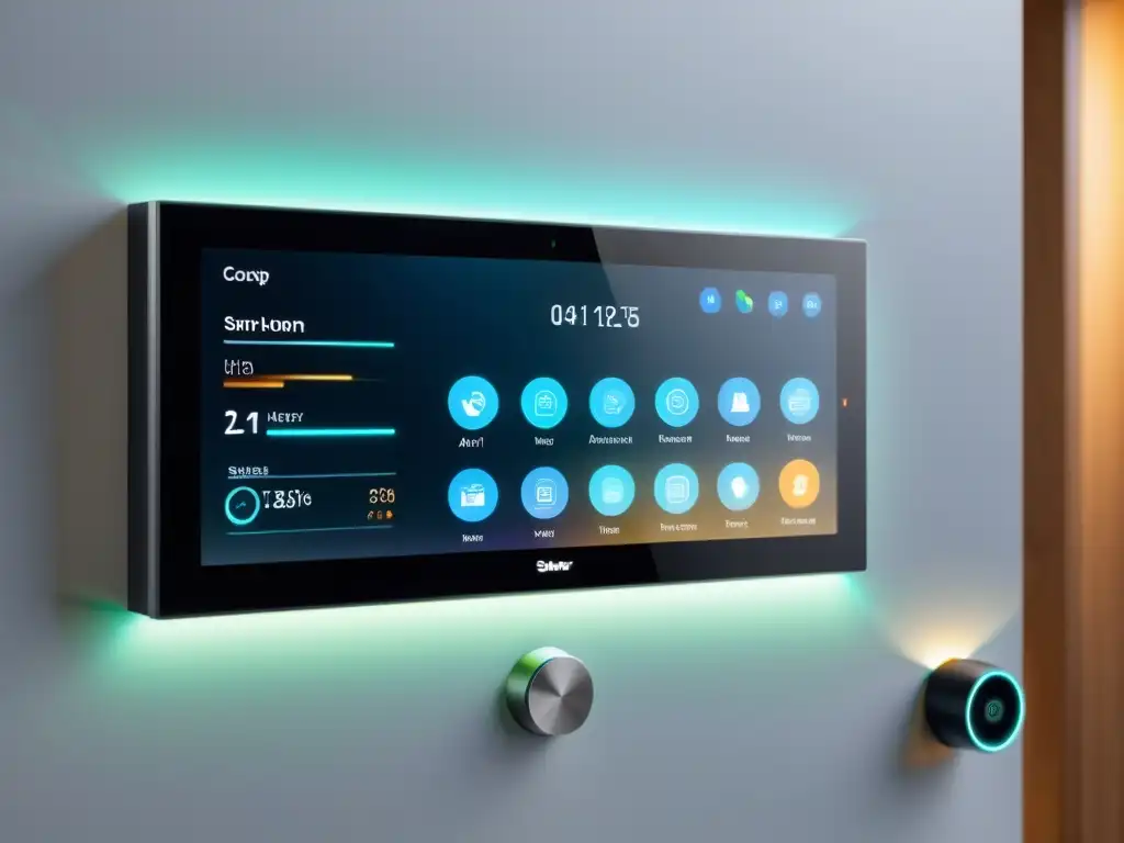 Panel de control inteligente para hogar del futuro con IA Panel de control inteligente en hogar futurista con holograma, reflejando la automatización residencial con inteligencia artificial