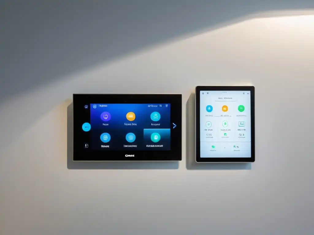 Panel de control de hogar inteligente: conectividad moderna Un panel de control inteligente para el hogar, con pantalla táctil y diseño minimalista, en una habitación iluminada