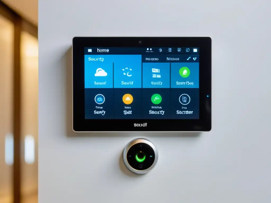 Panel de control de seguridad doméstica: interfaz moderna y amigable Un panel de control moderno para sistema de seguridad hogar con interfaz táctil, montado en una pared blanca con luz natural