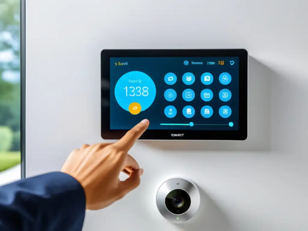 Panel de control elegante y moderno para seguridad en el hogar Panel de control de seguridad para red domótica, elegante y moderno, en una sala futurista con iluminación automatizada y electrodomésticos