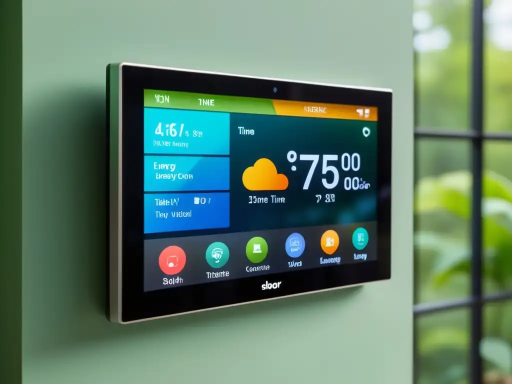 Panel de control inteligente para hogar moderno: estadísticas de consumo de energía y opciones de control de temperatura Panel de control de sistema domótico moderno, con pantalla táctil y estadísticas de ahorro energético