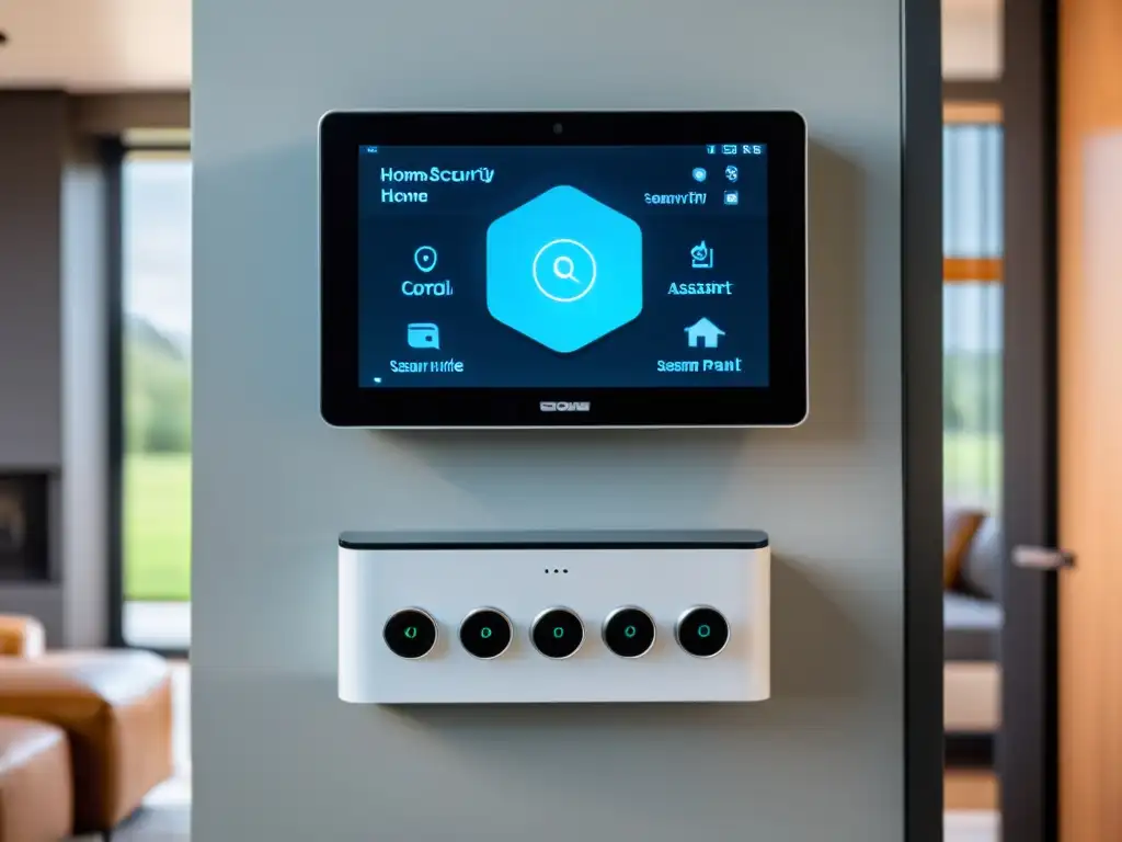 Panel de control de sistema de seguridad para hogar con asistentes virtuales, interfaz futurista y sala minimalista elegante
