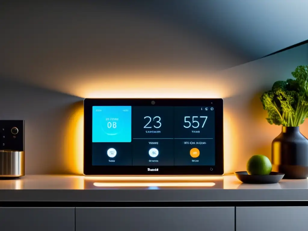 Panel táctil de cocina moderna con control inteligente Panel de control táctil integrado en la encimera de cocina, iluminado con un suave resplandor ambiental