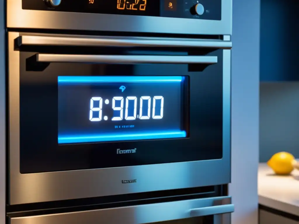 Termostato digital iluminado en horno de acero inoxidable Panel digital de horno iluminado en cocina moderna, mostrando la temperatura deseada