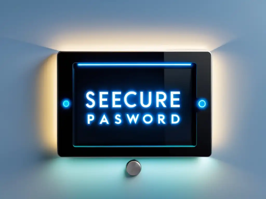 Panel de hogar inteligente: interfaz de seguridad elegante y moderna Panel de dispositivo de hogar inteligente con interfaz digital para claves seguras, iluminado en azul y blanco