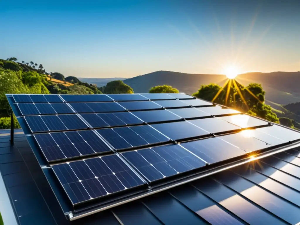 Sistema solar integrado en casa moderna Paneles solares negros integrados en techo moderno, generando energía para electrodomésticos de alta gama