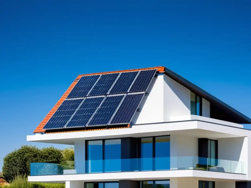 Residencia moderna con paneles solares: eficiencia y sostenibilidad Panorámica de casa moderna con paneles solares, capturando su diseño elegante y líneas limpias bajo el cielo azul
