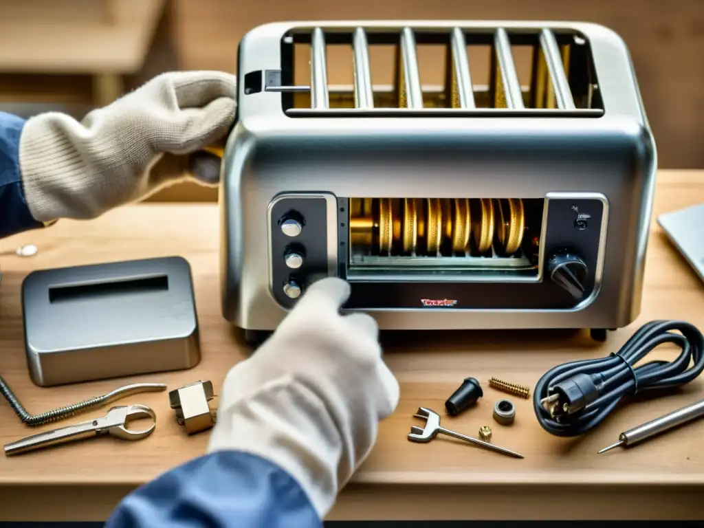 Desmontaje experto de tostadora para renovación Un par de manos hábiles desmantelan cuidadosamente un tostador obsoleto en un banco de trabajo bien iluminado, destacando el aspecto DIY