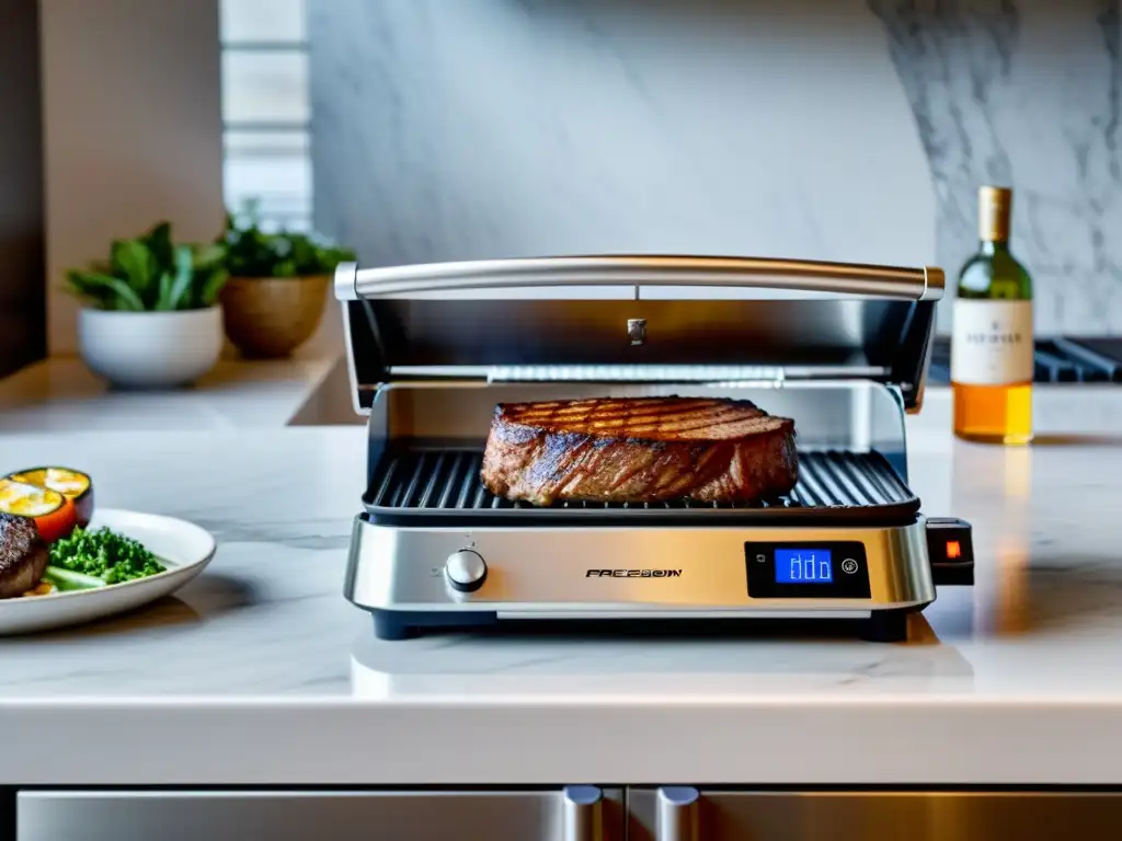 Parrilla eléctrica de precisión: moderna y elegante Parrilla eléctrica de precisión de acero inoxidable con display digital en elegante encimera blanca