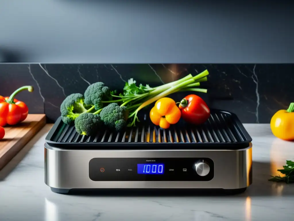 Parrilla eléctrica de precisión: diseño moderno en cocina minimalista Una parrilla eléctrica de precisión en una elegante cocina minimalista con vegetales frescos