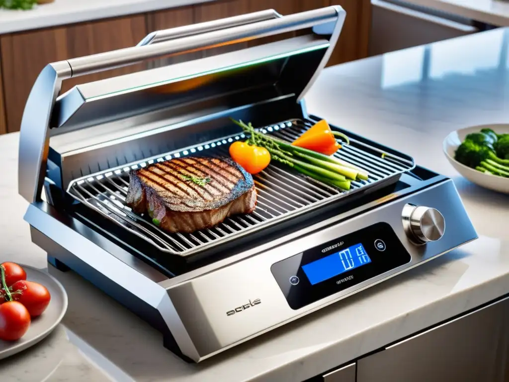 Parrilla eléctrica moderna con cocina profesional y alimentos a la parrilla Una parrilla eléctrica de precisión moderna en una cocina elegante con alimentos perfectamente cocidos y colores vibrantes
