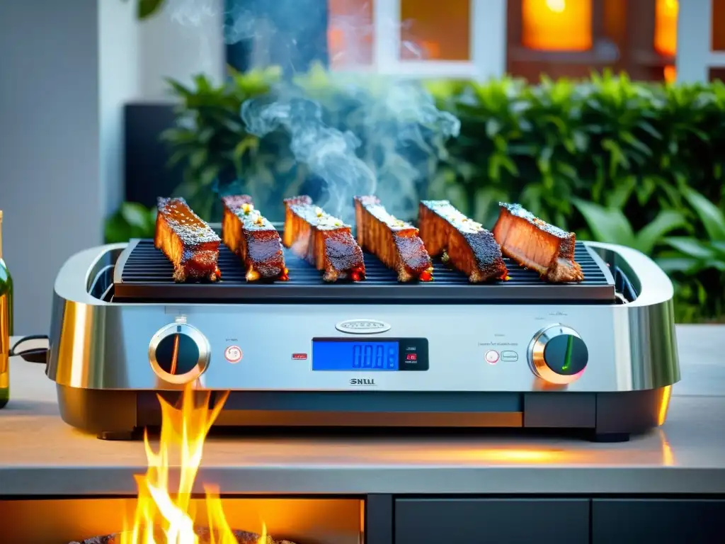 Asador eléctrico moderno con costillas a la parrilla Una parrilla eléctrica moderna con costillas de barbacoa perfectamente cocidas, humeantes y jugosas bajo la cálida luz dorada