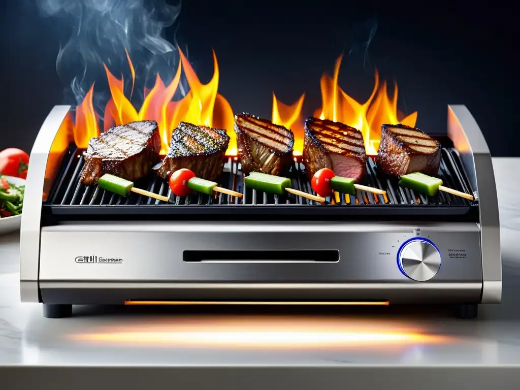 Grill eléctrico ultramoderno: sabores irresistibles Una parrilla eléctrica moderna y elegante con comida suculenta y elementos de calentamiento, creando un ambiente de sabor a barbacoa