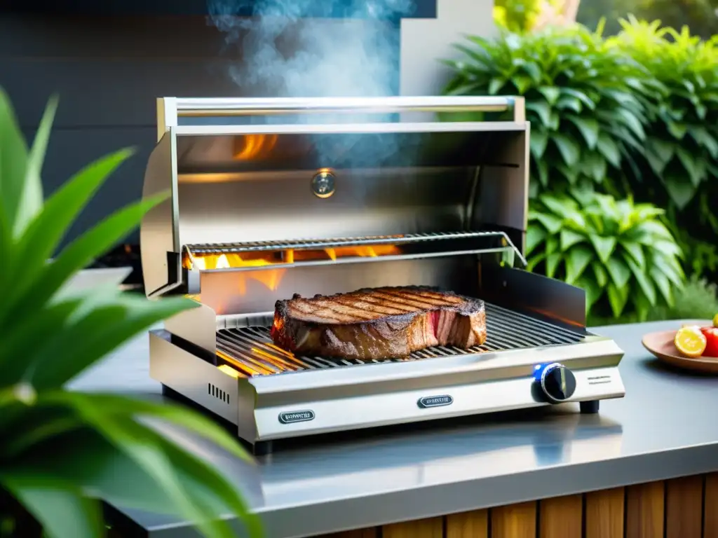 Parrilla eléctrica de lujo en patio chic: ¡sabores irresistibles! Una parrilla eléctrica moderna en un patio elegante, rodeada de plantas verdes, bañada por la cálida luz del sol