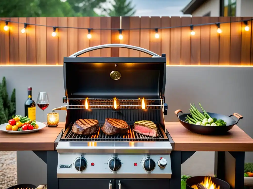 Una parrilla eléctrica moderna rodeada de deliciosos asados y vegetales, en un ambiente cálido y acogedor en el patio
