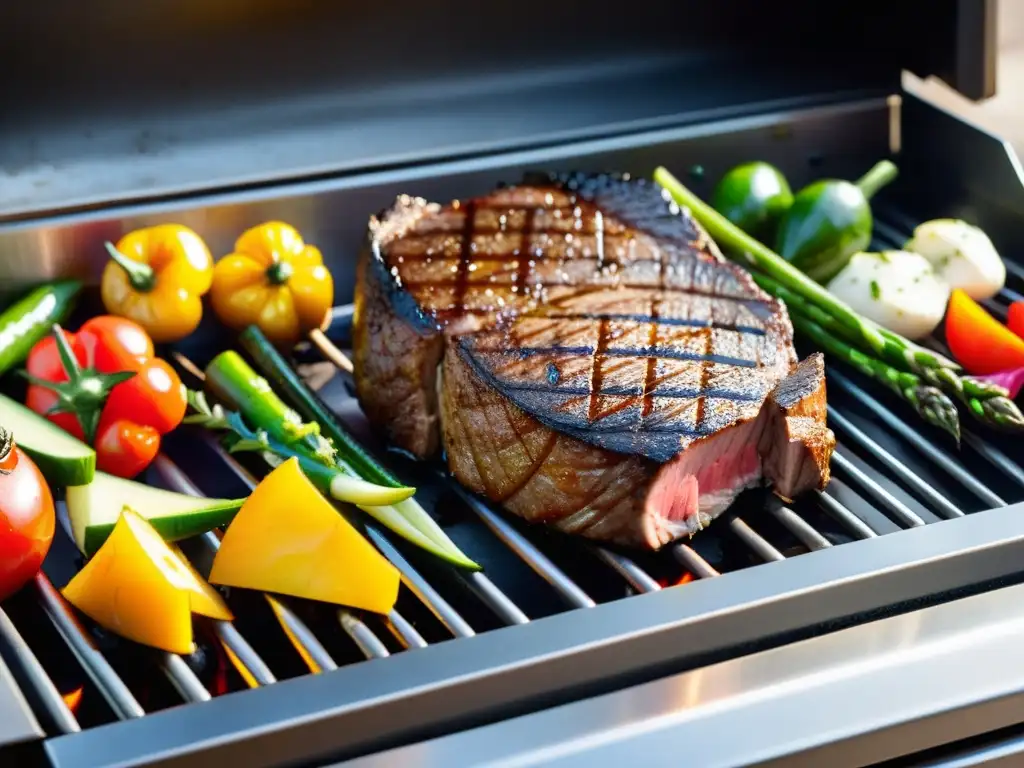Parrilla eléctrica de precisión: Steak y vegetales perfectamente grillados Una parrilla eléctrica de precisión muestra un suculento filete con vegetales asados, resaltando su versatilidad