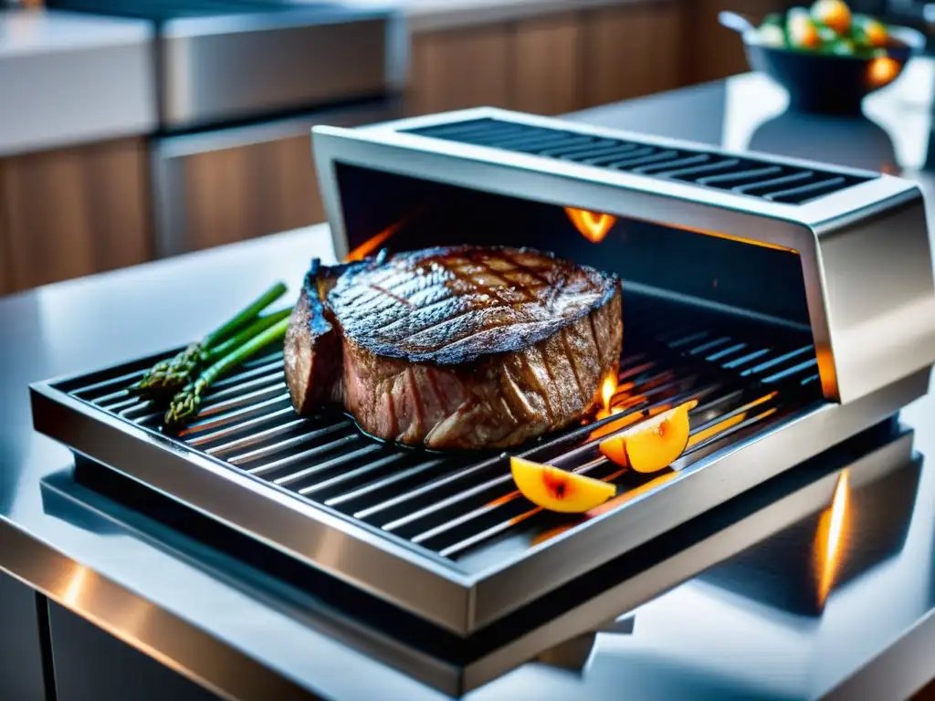Parrilla eléctrica de precisión: Steak y verduras perfectamente cocidos en una cocina moderna Parrillas eléctricas de precisión: moderna parrilla con steak y vegetales caramelizados en cocina contemporánea iluminada