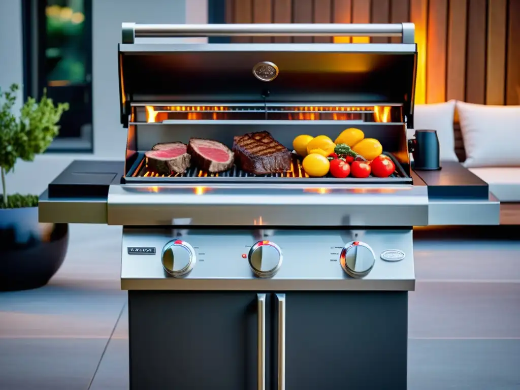 Parrilla eléctrica de diseño moderno: filetes perfectamente sellados y vegetales caramelizados en un elegante patio exterior Parrillas eléctricas de precisión: grill moderno de acero inoxidable con steaks y vegetales perfectamente cocidos en un elegante patio al aire libre