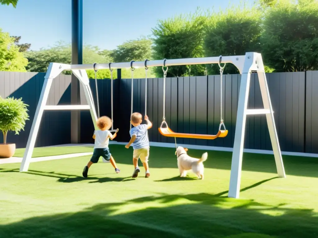 Jardín soleado con columpio moderno blanco y niños riendo Un patio trasero seguro y acogedor, con niños y mascotas disfrutando de un columpio moderno blanco y plateado