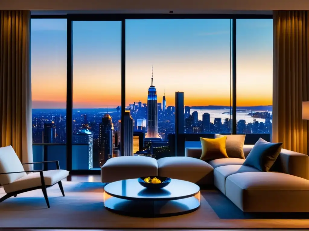 Salón de lujo con cortinas automáticas revelando la ciudad al atardecer Persianas y cortinas automatizadas en lujoso salón moderno con vista impresionante de la ciudad al atardecer, bañado por cálido resplandor solar
