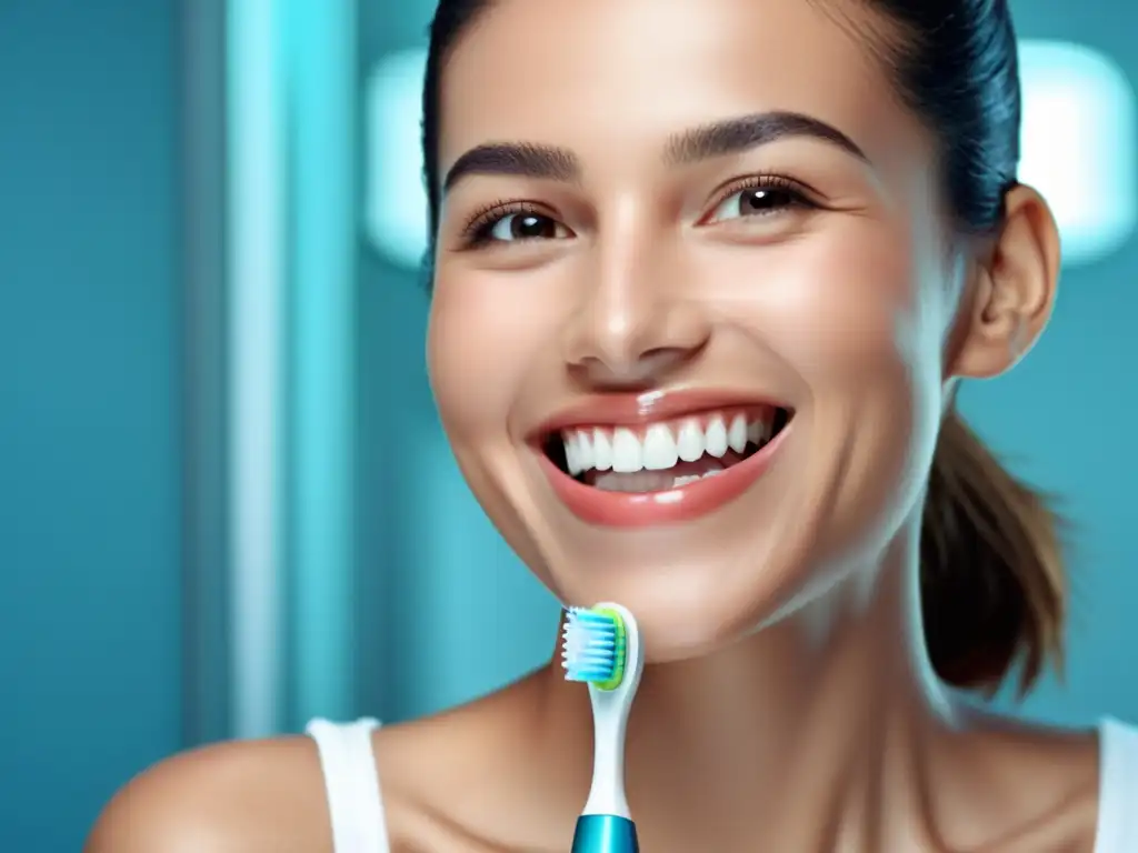 Sonrisa perfecta: comparativa de cepillos de dientes Una persona sonriendo con cepillos de dientes eléctrico y manual en un baño moderno