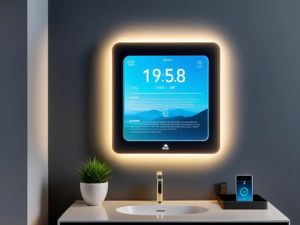 Persona ajustando su corbata frente a un espejo inteligente moderno con pantalla digital, mostrando clima, noticias y agenda personal
