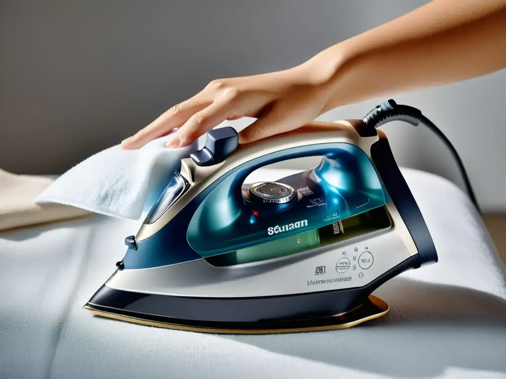 Brillante mantenimiento de plancha a vapor para eficiencia óptima Persona cuidadosa limpia la suela de una plancha de vapor, resaltando su brillo