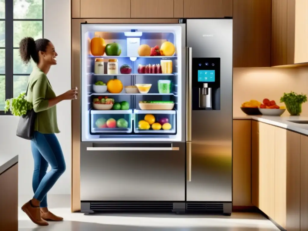 Independencia y accesibilidad: persona con discapacidad disfruta de un refrigerador inteligente con control de voz Una persona con discapacidad usa un refrigerador inteligente con control por voz, alcanzando un refrigerio saludable con una sonrisa