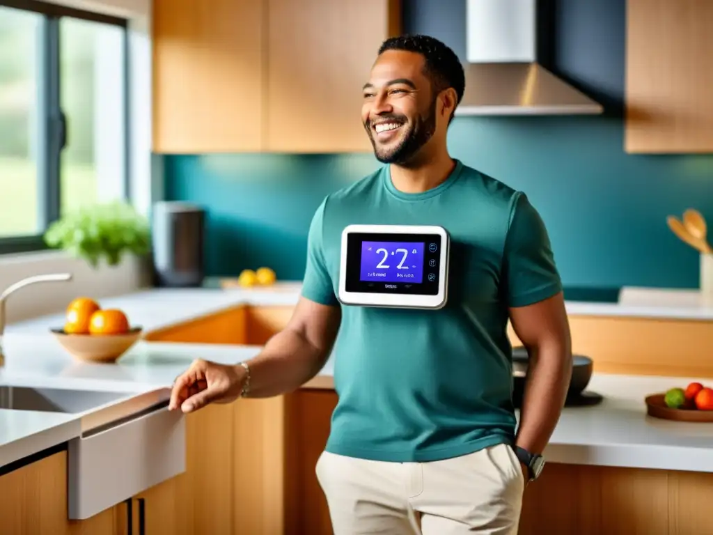 Independencia y tecnología: ajustando el termostato con confianza Una persona con discapacidad visual ajusta el termostato con un dispositivo inteligente en una moderna cocina cálida