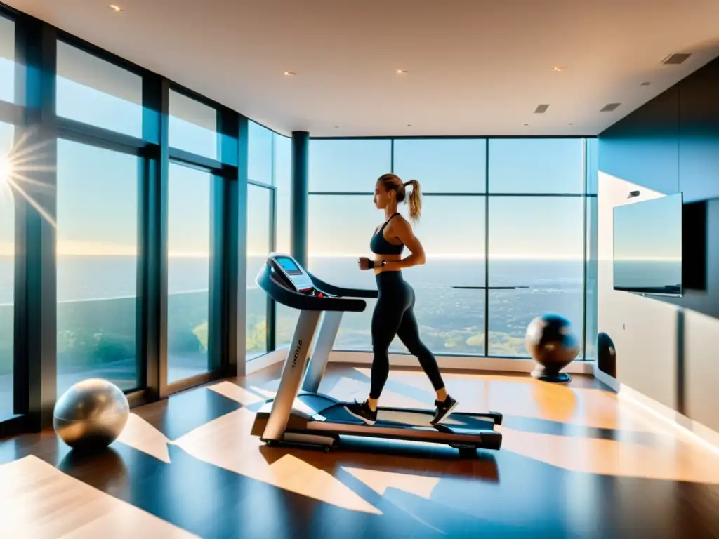 Gimnasio en casa de alta tecnología con equipo futurista y luz natural Persona usando equipos de ejercicio inteligentes en hogar con estilo moderno y motivación