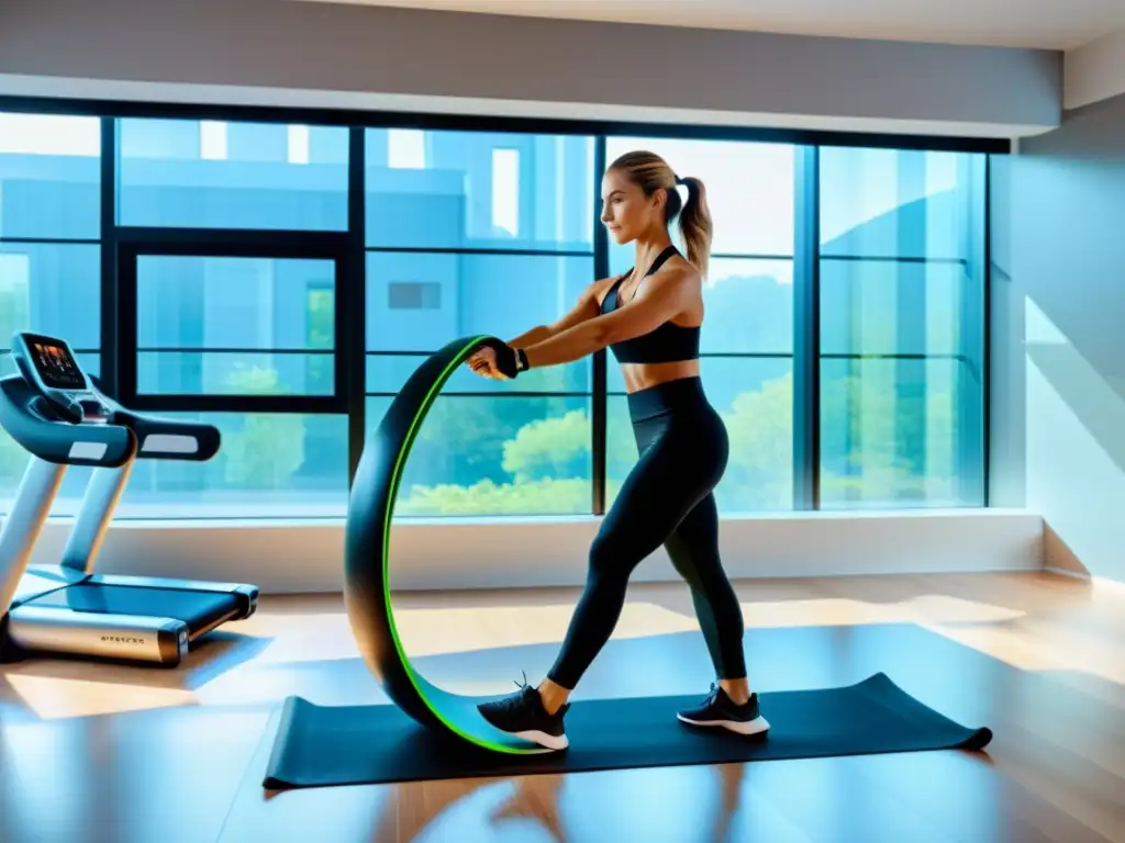 Entrenamiento de rehabilitación futurista con banda de resistencia Persona usando equipos de ejercicio inteligentes para recuperación de lesiones en un gimnasio moderno y luminoso