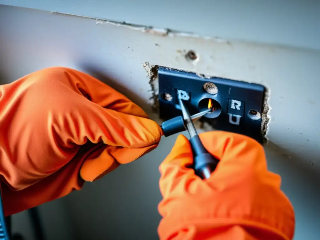 Reparación segura de enchufe eléctrico: precisión y enfoque Persona usando guantes aislantes y un destornillador para reparar con precisión un enchufe eléctrico quemado, destacando las precauciones de seguridad