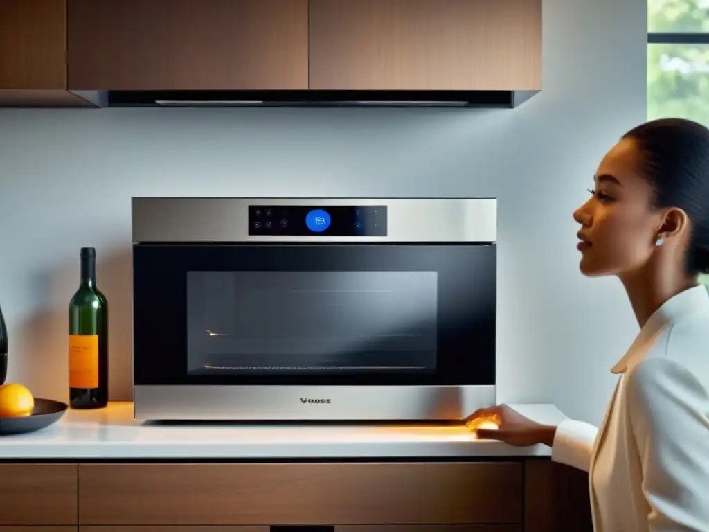Cocina futurista con electrodomésticos de alta tecnología Persona ajustando horno inteligente con asistente de voz en cocina moderna con electrodomésticos con asistentes de voz