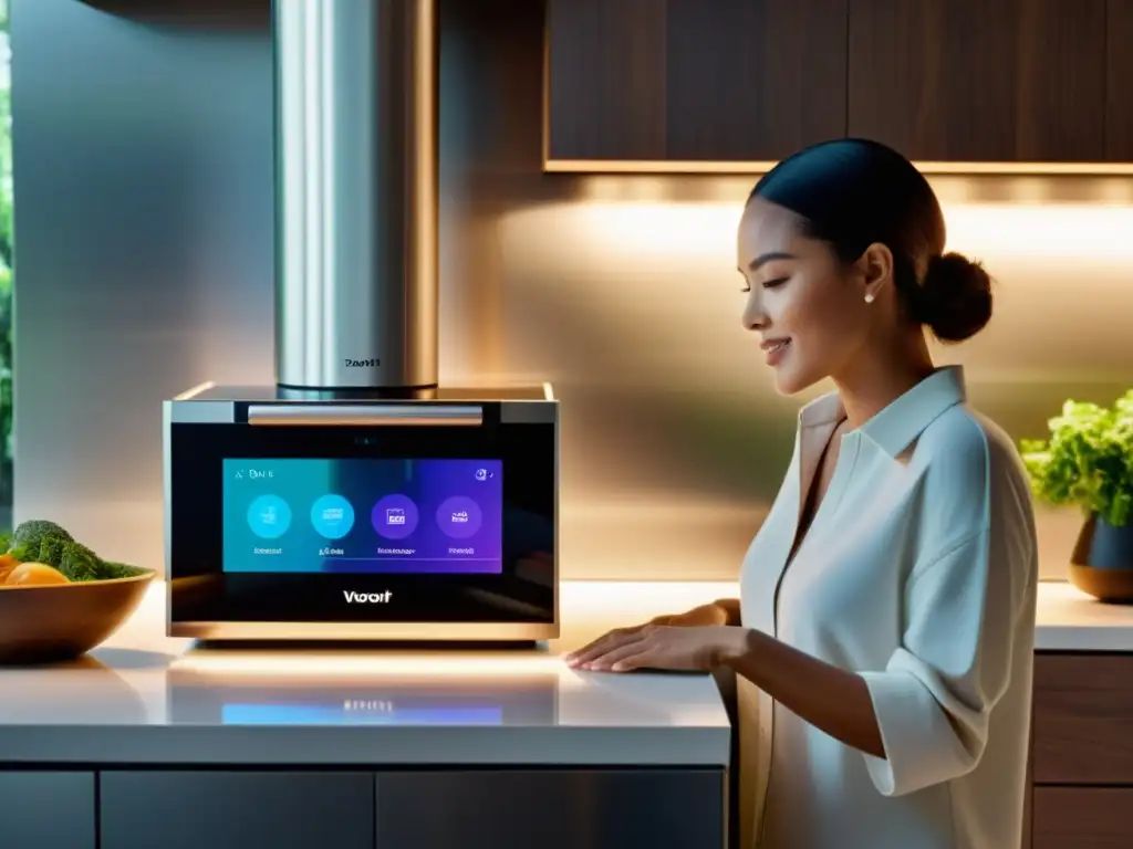 Controlando la cocina del futuro: gestos y voz en armonía Una persona interactúa con gestos y voz en una cocina moderna