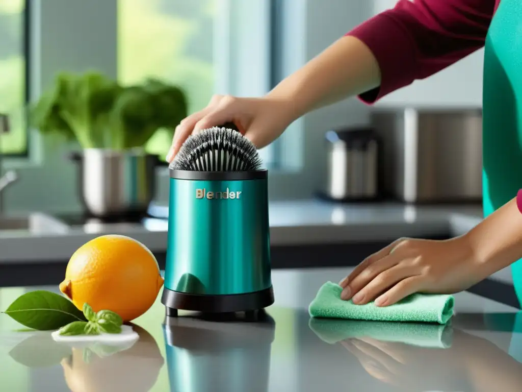 Limpieza detallada de la licuadora: cuidado práctico y efectivo Una persona limpia las cuchillas de una licuadora en una cocina luminosa