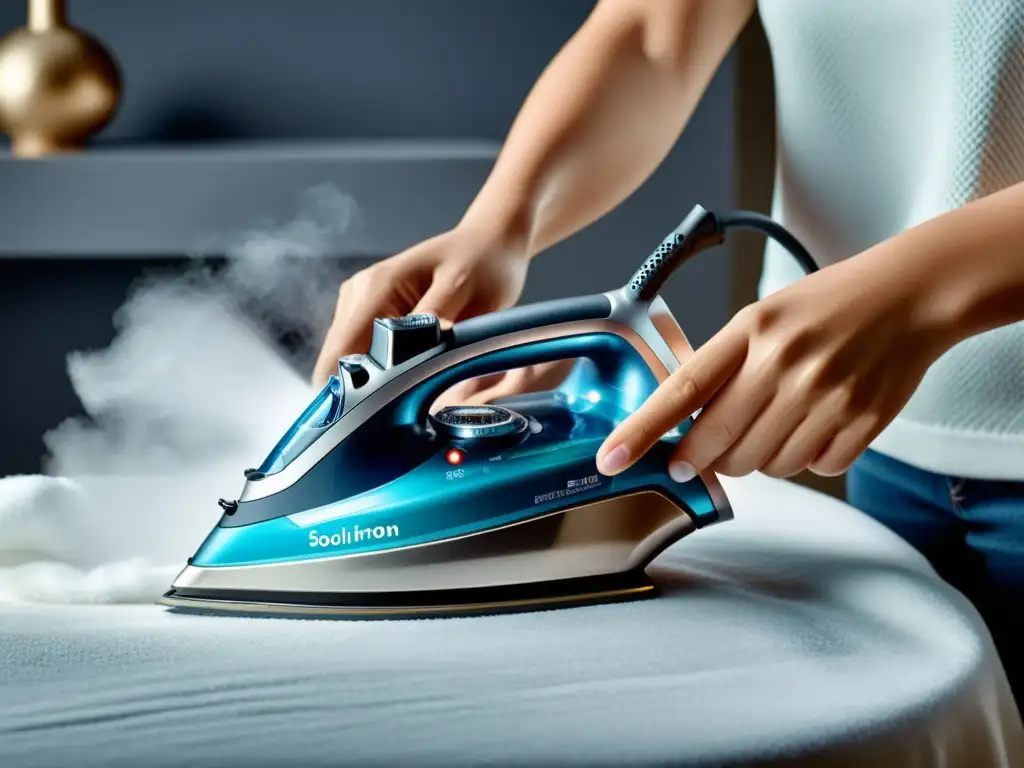 Mantenimiento profesional de plancha de vapor Persona realiza mantenimiento detallado de una plancha de vapor, enfatizando su limpieza y cuidado profesional