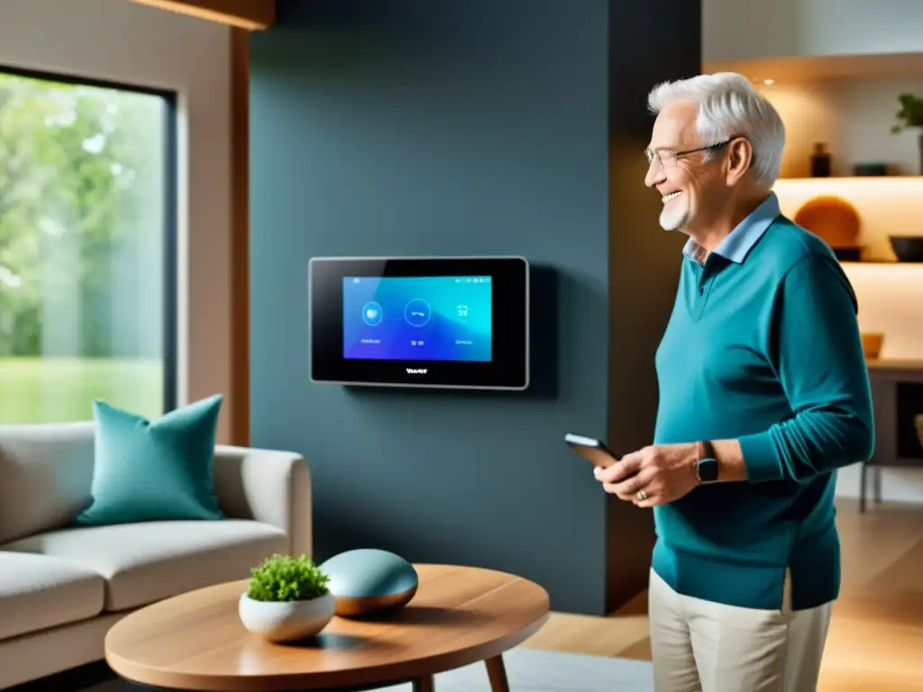 Persona mayor sonriente interactúa con hogar inteligente Una persona mayor sonríe al interactuar con electrodomésticos inteligentes para personas mayores en un moderno salón bien iluminado