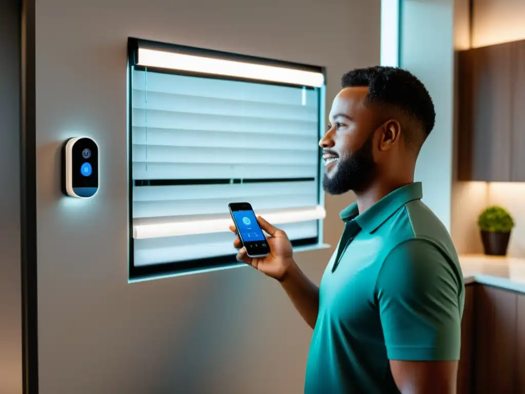 Automatización del hogar accesible para personas con movilidad reducida Una persona con movilidad reducida ajusta la domótica desde su smartphone