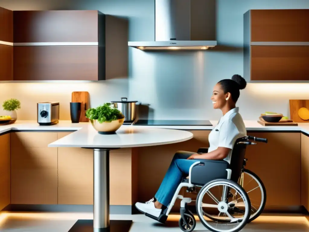 Cocina moderna accesible para personas con discapacidad Persona en silla de ruedas usa electrodomésticos ergonómicos en cocina moderna y accesible