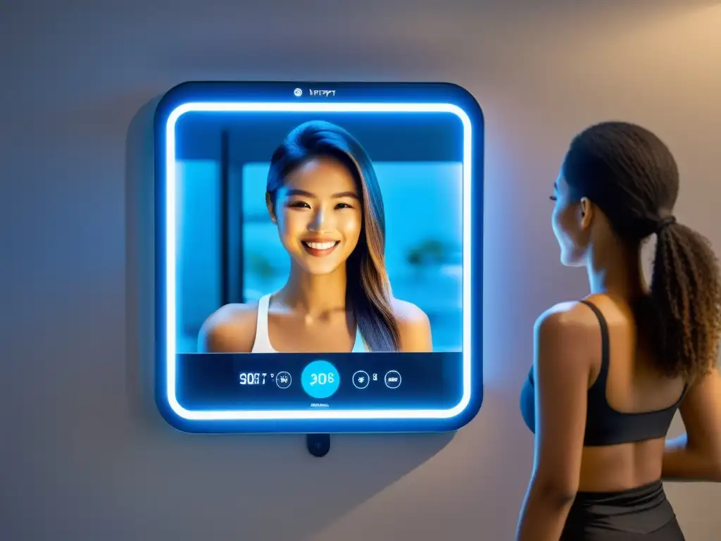 Persona sonriente revisando sus estadísticas de salud en un espejo inteligente, rodeado de luces LED y con diseño minimalista