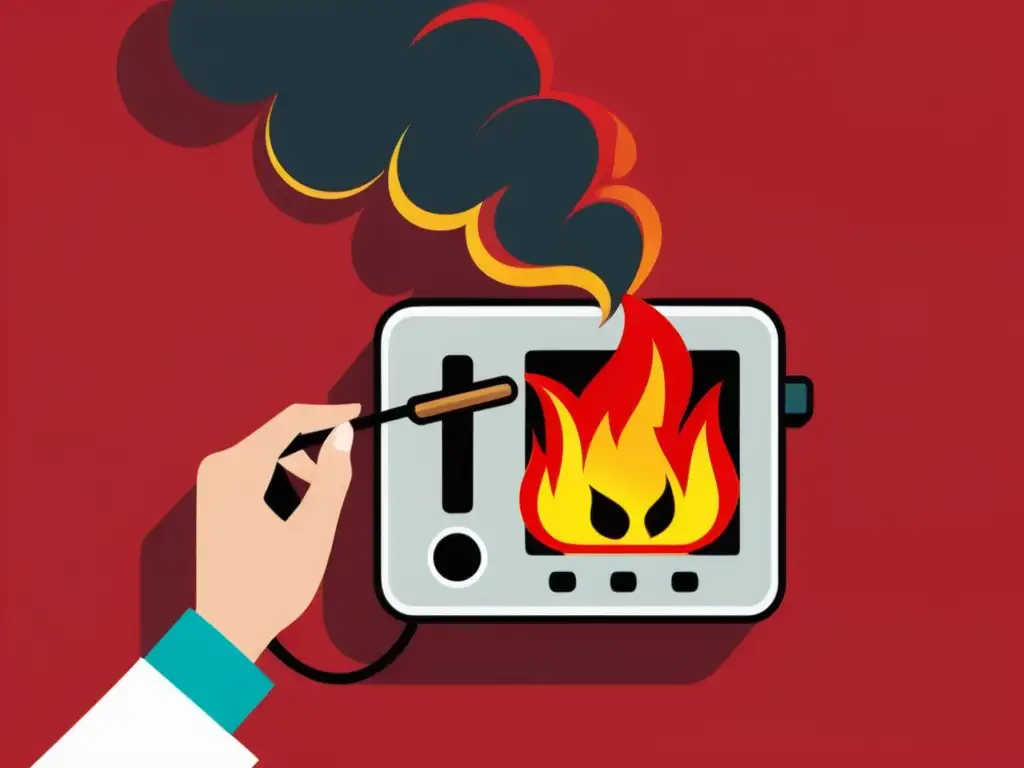 Desconectando un tostador en llamas: ¡Actúa rápido! Persona desconectando tostadora humeante con fuego, expresión preocupada