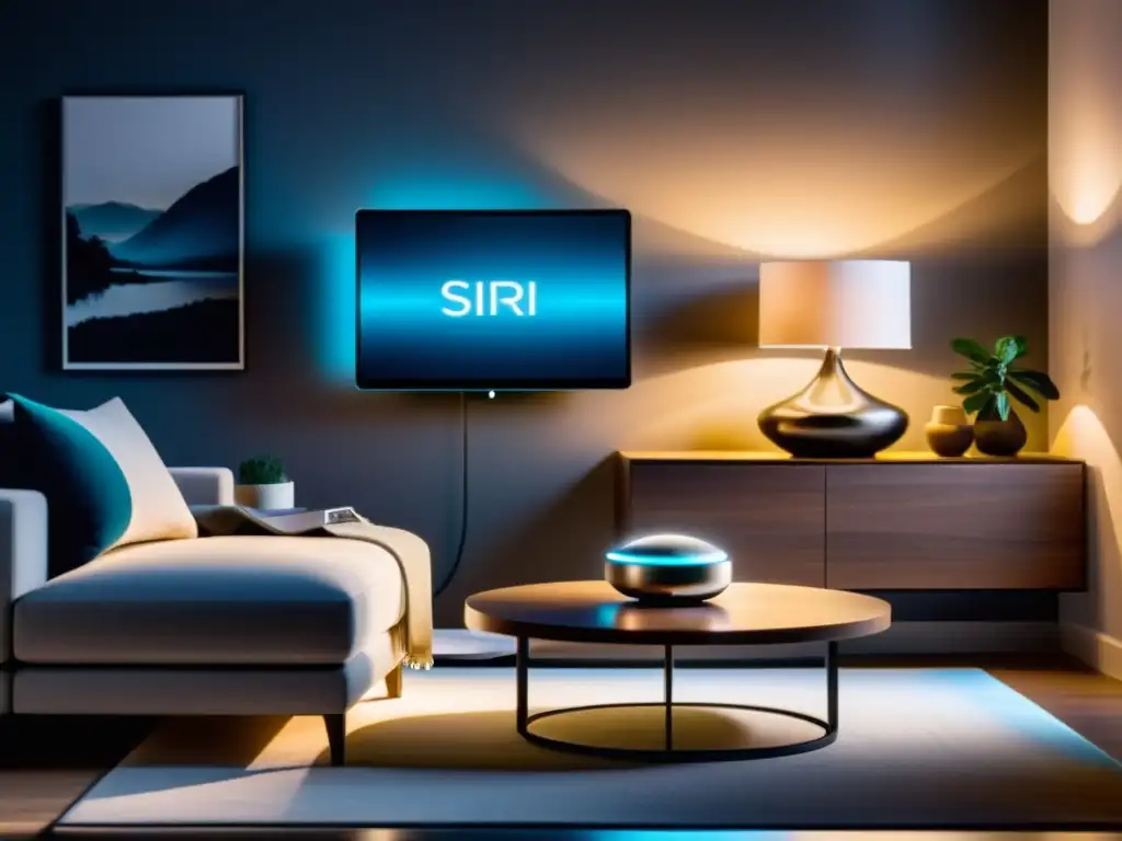 Sala de estar elegante con control por voz de Siri para hogar inteligente Persona controla casa con voz Siri HomeKit en moderno salón iluminado ambientalmente, creando atmósfera acogedora y moderna