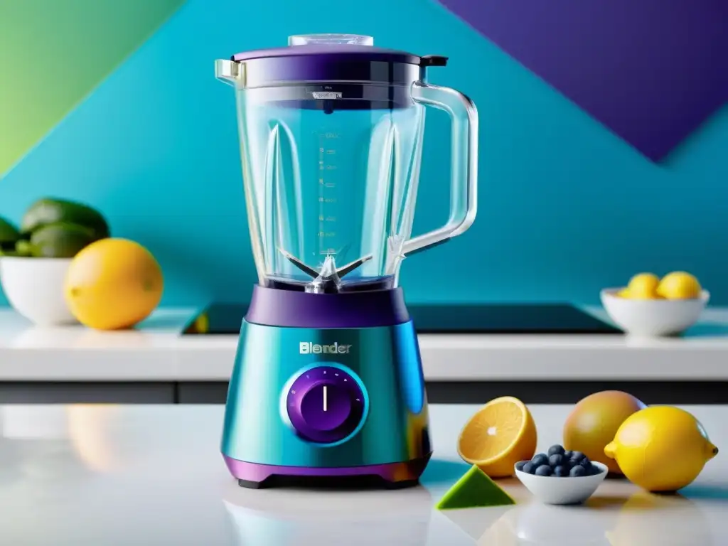 Blender personalizado con diseño vibrante en tonos azules, verdes y morados Personalización de batidora con adhesivos en tonos azules, verdes y morados, sobre encimera blanca iluminada suavemente