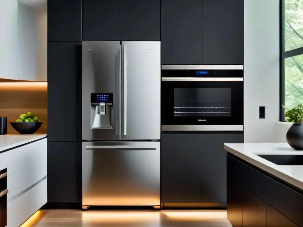 Cocina moderna con electrodomésticos inteligentes y diseño minimalista Personalización de electrodomésticos inteligentes en una cocina moderna y sofisticada con diseño minimalista y tecnología de vanguardia