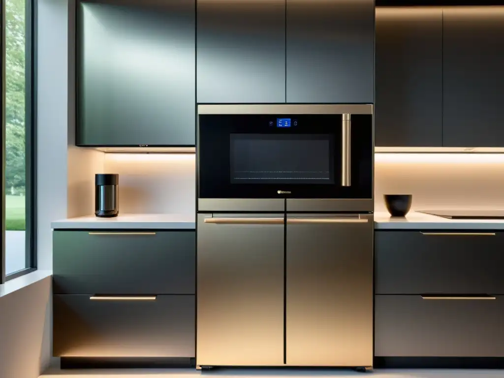Cocina moderna con electrodomésticos inteligentes y diseño sofisticado Personalización de electrodomésticos inteligentes en cocina moderna y sofisticada con iluminación ambiental futurista