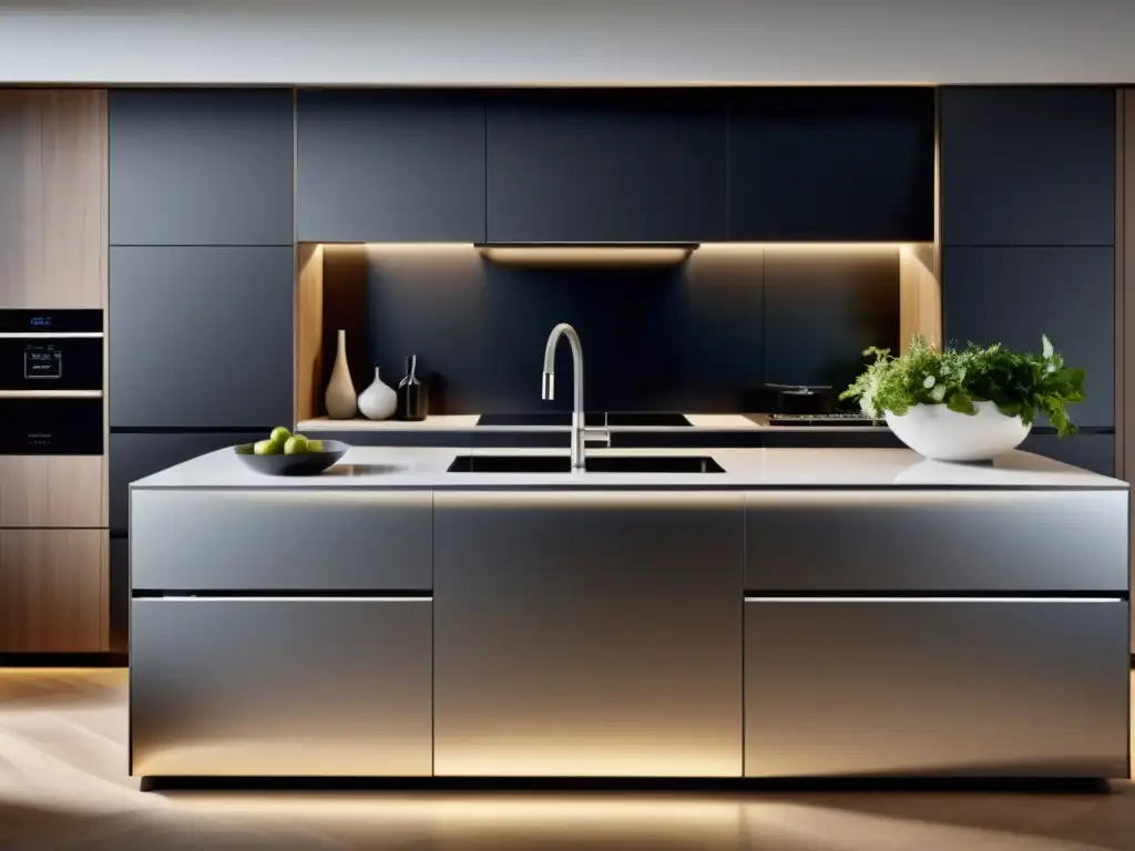 Cocina moderna con electrodomésticos inteligentes integrados Personalización de electrodomésticos inteligentes en una cocina moderna y elegante, con iluminación ambiental suave