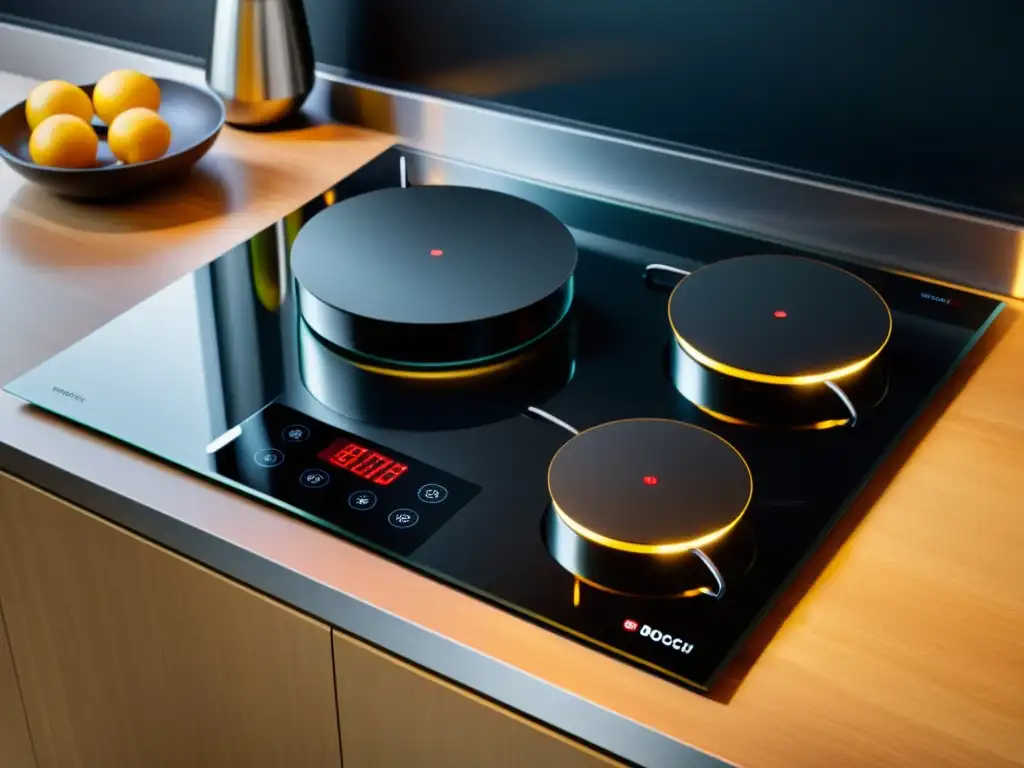 Placa de inducción Bosch Serie 8: Precisión y Elegancia en la Cocina Una placa de inducción Bosch Serie 8 PID775DC1E en elegante vidrio negro, con controles táctiles, display LED y zonas de cocción precisas