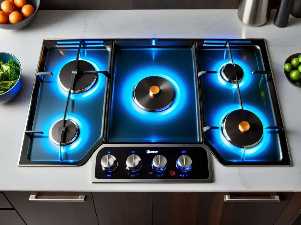Cocina moderna con quemadores azules y ollas brillantes Placa de gas moderna con quemadores azules, iluminada y limpia, en una cocina cálida
