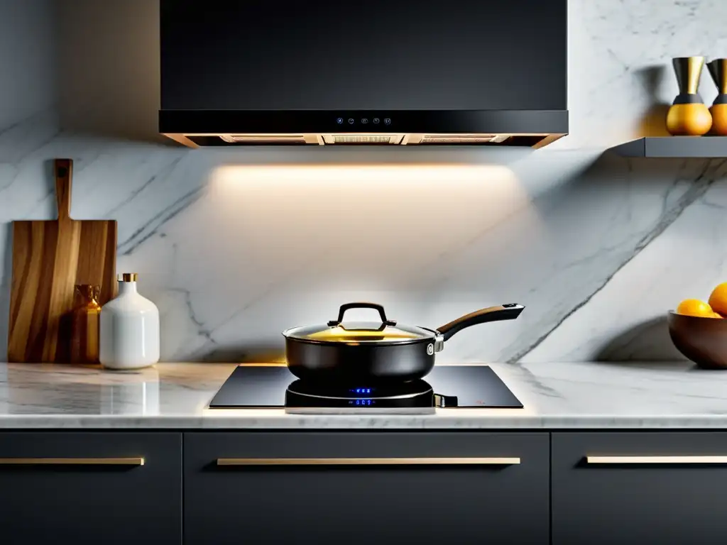 Cocina moderna con placa de inducción y salsa sim-mering Placa de inducción moderna en cocina elegante con vapor de salsa